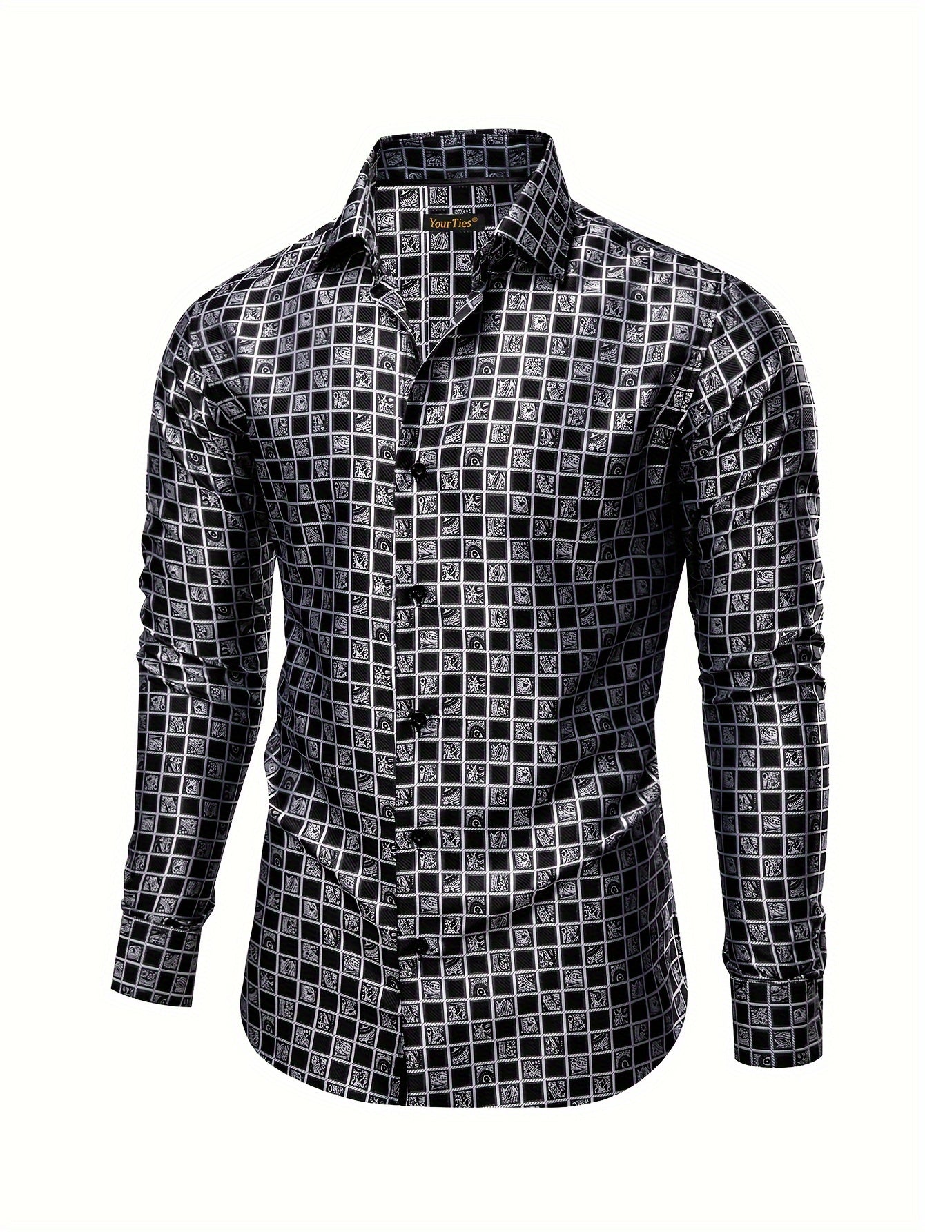 Men's Black Plaid Shirt For Man Long Sleeves Blouse Unique Design Single Breasted Lapel Men's Dress Shirt Perfect For Business Party Wedding Dinner Vacation